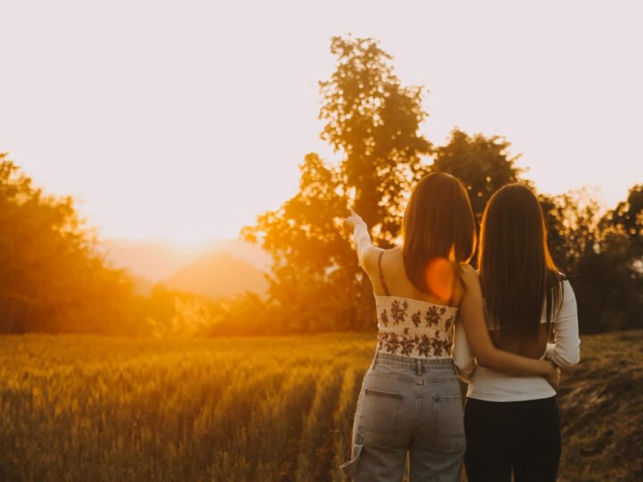 Two people standing arm in arm, watching the sunset over a field