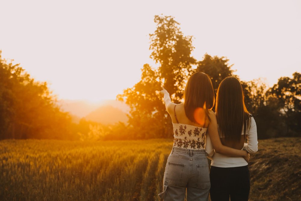 Two people standing arm in arm, watching the sunset over a field